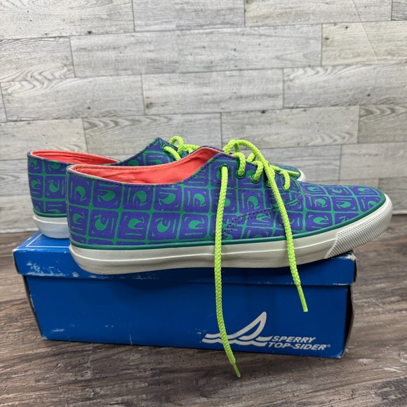Vintage 90s Sperry Top-Sider Active CVO Print Sneakers Neon Purple Green Size 8 - Picture 4 of 11